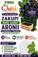 Firma Jurak zakupi duże ilości aronii do MROŻENIA i TŁOCZENIA. zapewniamy opakowanie (Kisteny lub skrzynki) oraz odbiór towaru bezpośrednio z gospodar