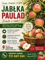 Oferuję świeże, soczyste i chrupiące jabłka odmiany Paulad – idealne do jedzenia, na soki oraz domowe przetwory. Jabłka pochodzą prosto z sadu, świeżo